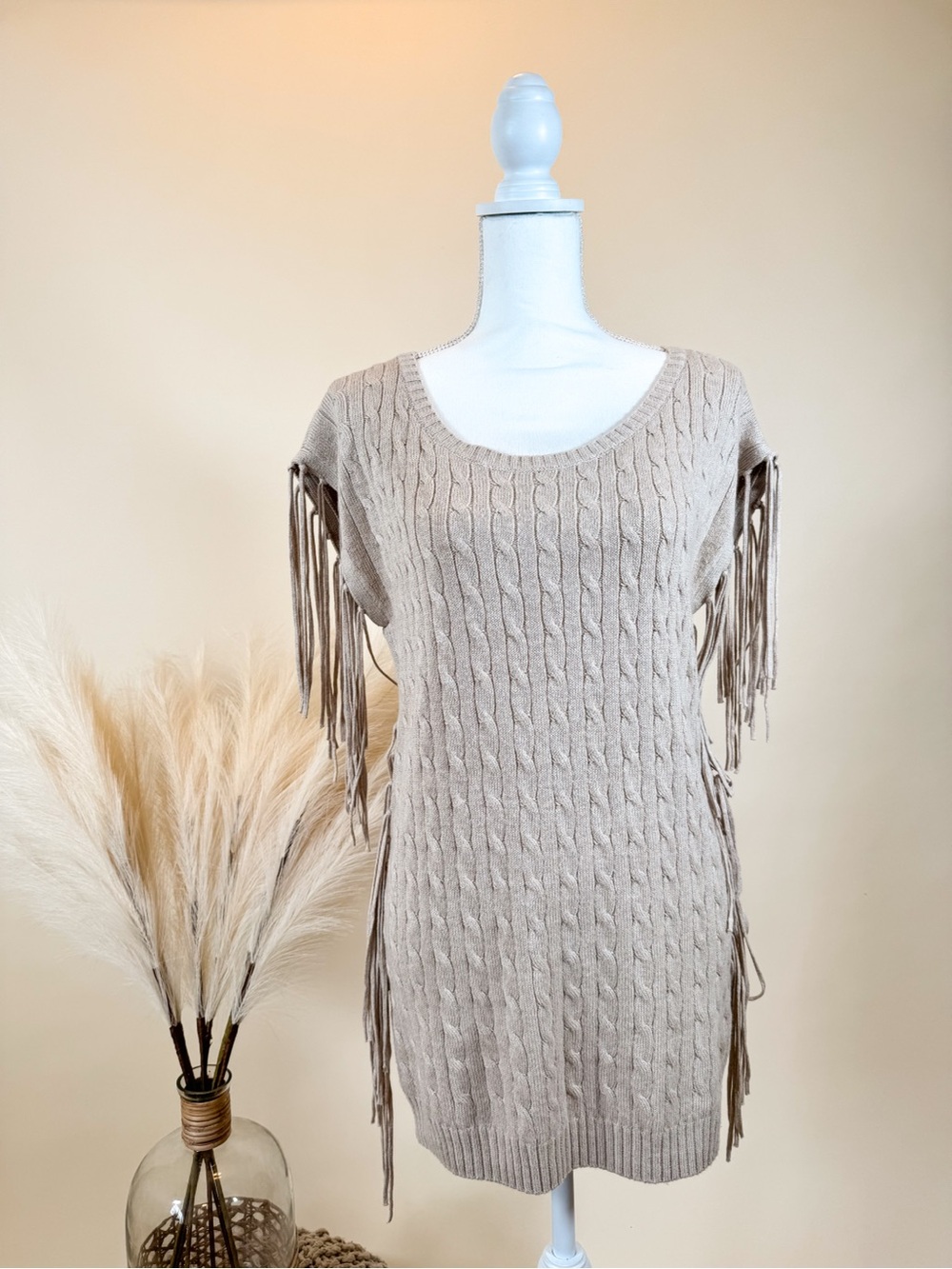 Boston Proper Beige Cable Knit Fringe Tunic
